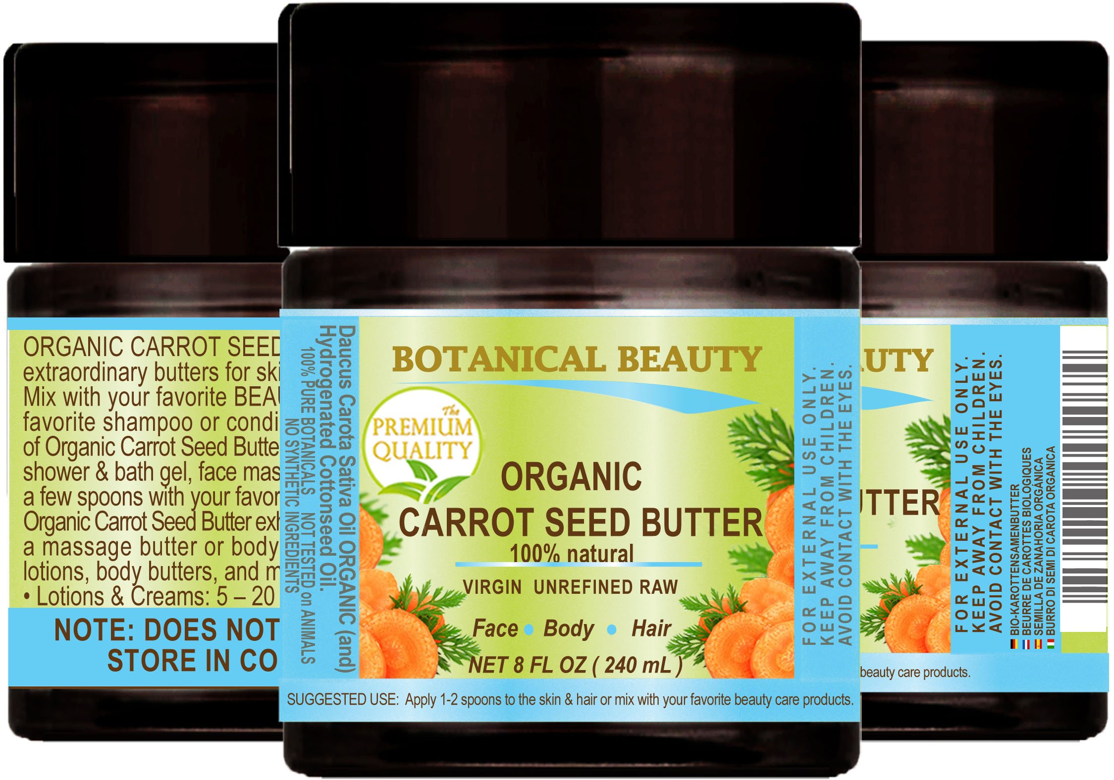 Botanical Beauty ORGANIC CARROT SEED OIL BUTTER RAW. 100% Natural/VIRGIN/UNREFINED. 8 Fl oz - 240 ml. For Skin, Hair, Lip and Nail Care.