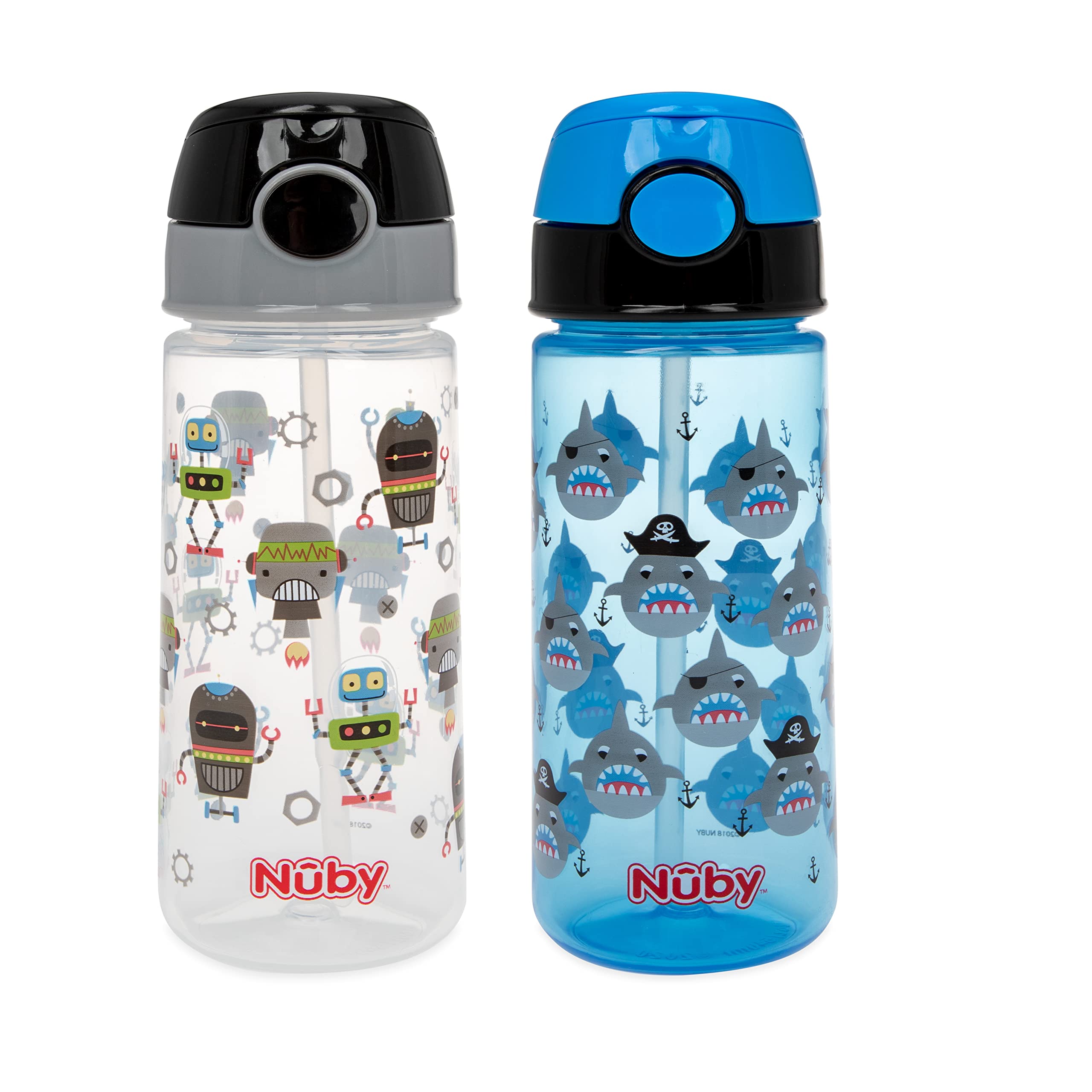 Nuby 2-Pack Kid’s Printed Flip-it Active Water Bottle with Push Button Cap and Soft Straw - 18oz / 540ml, 18+ Months, 2-Pack, Prints May Vary