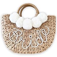 ModParty Bride Straw Purse | Honeymoon Bridal Shower Gift for Bride to Be | Handmade Summer Beach Tote Bag | Bride Bachelorette Party Outfit Essential | Straw Purse & Pom Poms