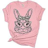 Women's Cute Bunny Headband Print T-Shirts Short Sleeve Easter Graphic Top