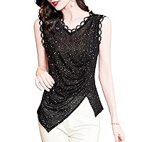 Lace Patchwork Tops for Women, Fashion Sexy V Neck Sleeveless Sequins Split Blouses Ladies Daily Casual Work Shirts