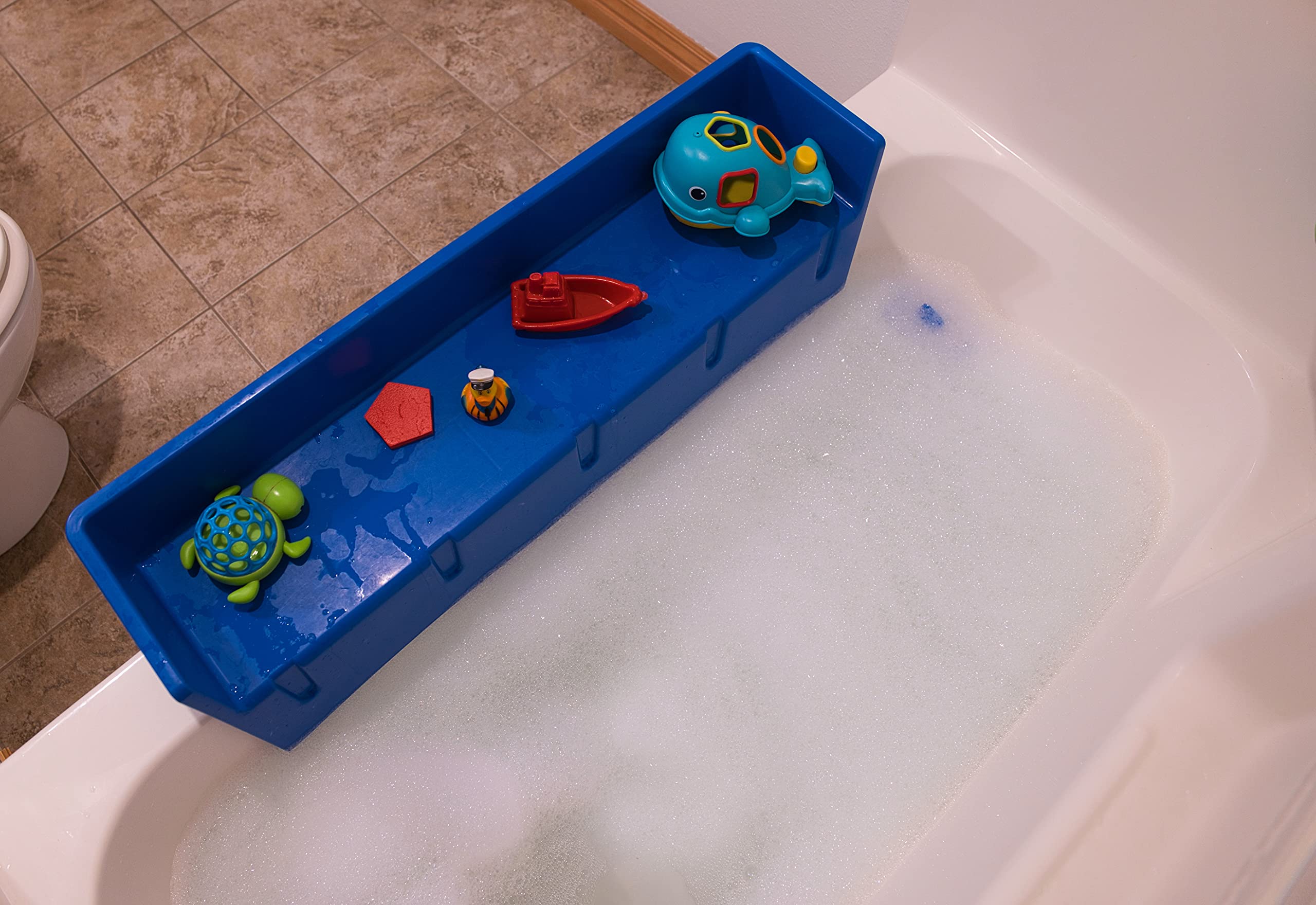 Tub Topper® Bathtub Splash Guard Play Shelf Area -Toy Tray Caddy Holder Storage -Suction Cups Attach to Bath Tub -No Mess Water Spill in Bathroom -Fun for Toddlers Kids Baby