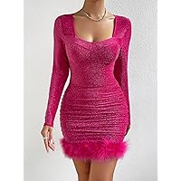 Dresses for Women Sweetheart Neck Fuzzy Trim Ruched Metallic Bodycon Dress (Color : Hot Pink, Size : Large)