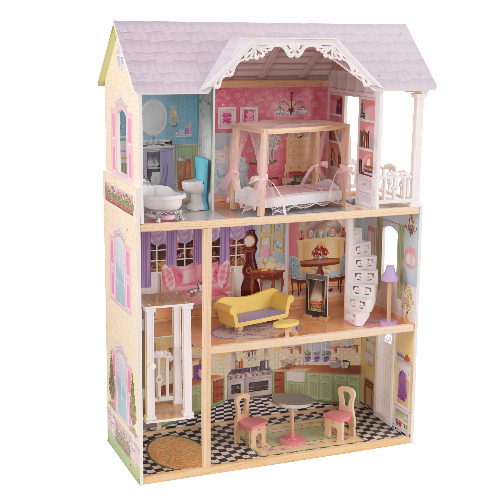 KidKraft Kaylee Wooden Dollhouse, Almost 4 Feet Tall with Elevator, Stairs and 10 Accessories, Gift for Ages 3+