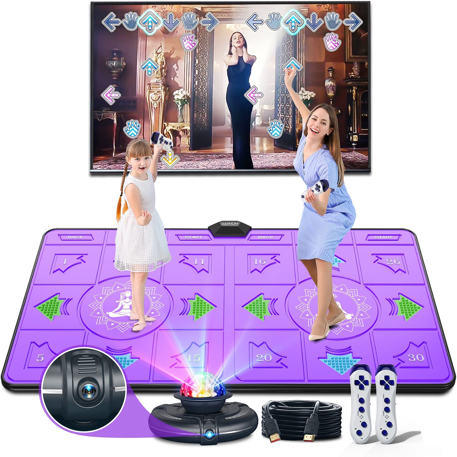 HAPHOM Dance Mat for TV, Wireless Musical Electronic Dance Mats with HDMI Interface, Double User Dance Pad Non-Slip with HD Camera Host, Dancing Mat for Kids and Adults, Gift for Girls & Boys