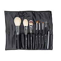 9 Piece Brush Professional Essential Set Fluffy Soft Silver Vegan All In One Faux Leather, Black and silver