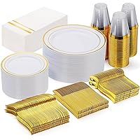 350pcs Gold Plastic Plates-Disposable Plastic Dinnerware Set Include: 50 9inch Dinner Plates, 50 6.3inch Salad Plates,150 Silverware, 50 Napkins, 50 Cups Perfect for Party&Weeding&Mother's Day