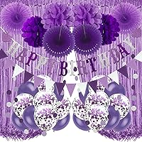Birthday Party Decorations, Purple Party Decorations for Boy Girls Men Women Happy Birthday Banner, Curtains Paper Pompoms and Fans Garland Confetti Balloons for Birthday Party Decorations