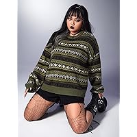 Women's Sweaters Plus Geo Pattern Drop Shoulder Sweater Women for Sweaters (Color : Green, Size : XX-Large)