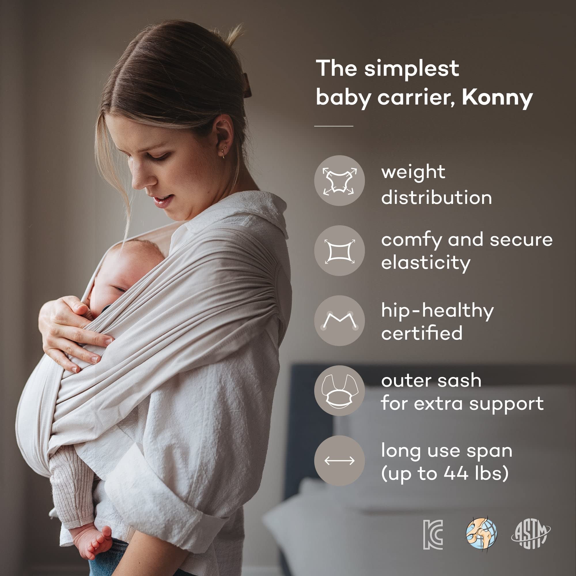 Konny Baby Carrier Elastech Carrier Wrap, Easy to Wear Baby Wrap Carrier, Perfect Essentials Cloths for Newborn Babies up to 44 lbs, (Charcoal, L)