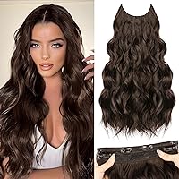 MORICA Invisible Wire Hair Extensions - 20 Inch Dark Brown Long Wavy Synthetic Hairpiece with Transparent Wire Adjustable Size, 4 Secure Clips for Women