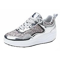 WUIWUIYU Women's Girls' Wedge Platform Shiny PU Sparkly Sequins Glitter Lace-Up Sneakers Street Dance Shoes