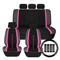 We Are Young Life is Fun™ Checker Car Seat Covers Universal Fit Interior Accessories Full Set Pink Seat Cover Combo Steering Wheel Cover and Seat Belt Pads, Airbag and Split Rear Car Seat Covers