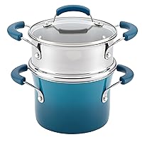 Rachael Ray Brights Sauce Pot/Saucepot with Steamer Insert, 3 Quart, Two-Tone Marine Blue