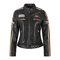 SIZMA Ladies Leather Jacket Classic Retro Motorcycle Racer Style Vintage Jacket 5011