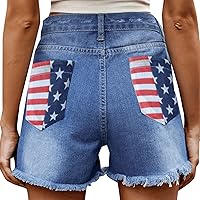 4th of July Women Star Stripe Patriotic Ripped Denim Shorts Summer Frayed Rolled Hem Stretch Button Fly Jean Shorts