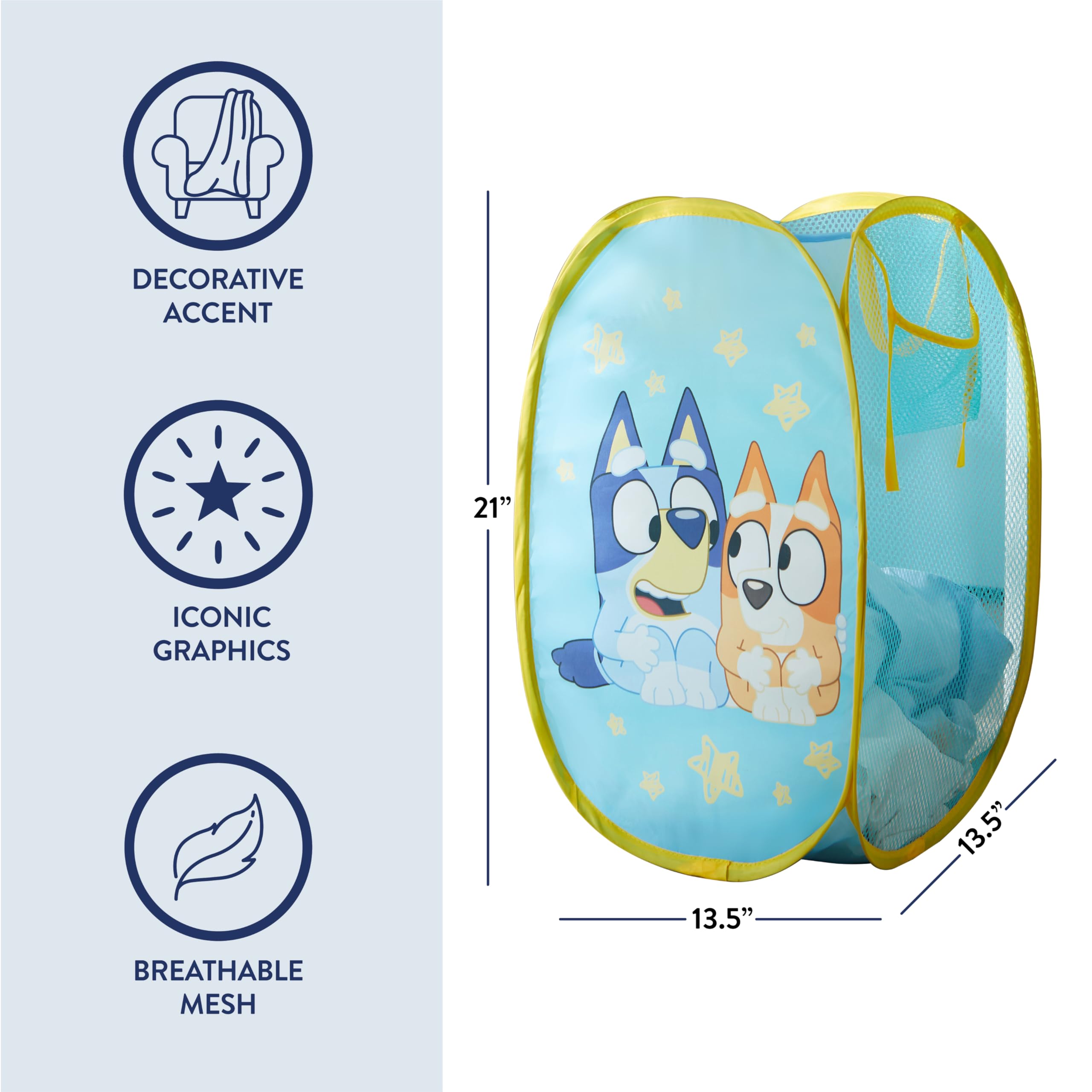Bluey Pop Up Hamper with Durable Carry Handles, with Bluey and Bingo, 21'' H x 13.5'' W X 13.5'' L