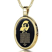 Christian Necklace Pendant with Virgin Mary Inscribed with Luke 1:42-45 in 24k Gold on Oval Black Onyx Stone, 18