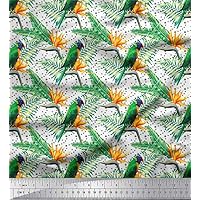 Soimoi Cotton Canvas White Fabric - by The Yard - 56 Inch Wide - Dot, Palm Leaves & Parrot Bird Fabric - Playful Dots with Tropical Vibes and Exotic Parrots Printed Fabric