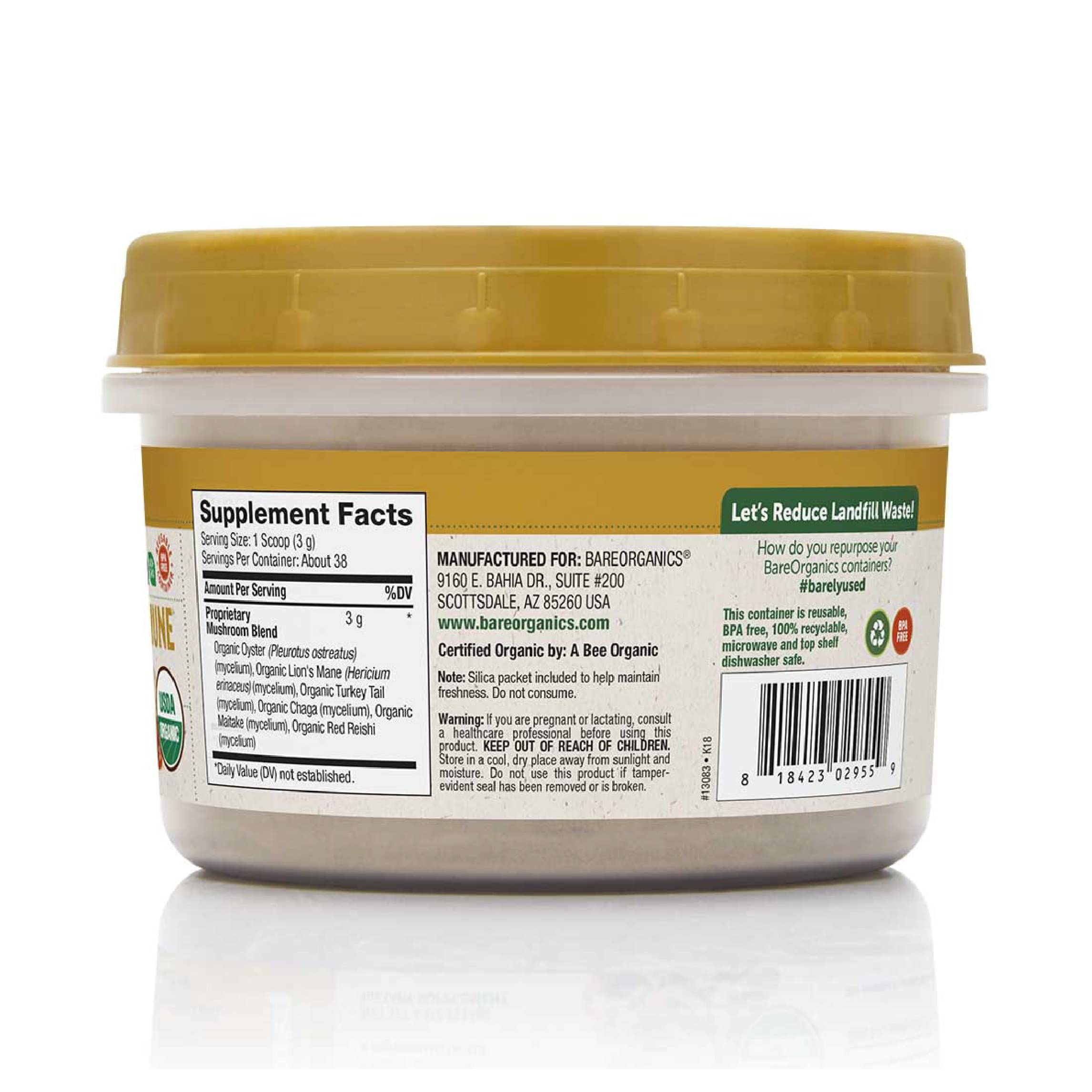 BareOrganics, Mushroom Immune Blend Powder, Organic Superfood, Vegan Dietary Supplement, 4 Ounces