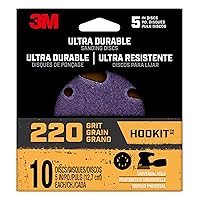 3M Ultra Durable 5 inch Power Sanding Discs, Universal Hole, 220 Grit, 10/Pack