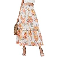 BTFBM Women 2024 Summer Spring Floral Long Skirts Casual Elastic High Waist Pleated Swing A Line Boho Beach Maxi Skirt