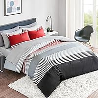 Comfort Spaces Comforter Sets with Sheets - Bed in a Bag 9 Pieces Teen Bedding Sets , Red and Grey Stripes Bedding Full, College Full Bed Set with 2 Side Pockets Bedroom Organizer
