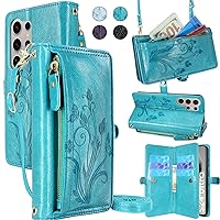 Lacass Crossbody Wallet Case for Galaxy S24 Ultra,[Cards Theft Scan Protection] Card Holder Zipper Flip Leather Cover Wrist Strap Stand for Samsung Galaxy S24 Ultra(Floral Blue Green)