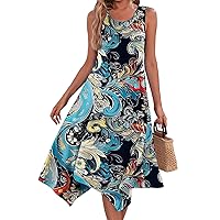 Summer Dresses for Women 2024 Fashion Beach Dresses Casual Sleeveless Dress Boho Crewneck Vacation Outfits for Ladies