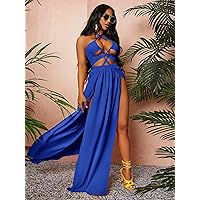 Summer Dresses for Women 2022 Cut Out Shirred Tie Back M-Slit Hem Maxi Halter Dress Dresses for Women (Color : Royal Blue, Size : X-Small)