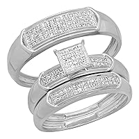 Dazzlingrock Collection 0.30 Carat (ctw) Round White Diamond Square Framed Wedding Trio Ring Set for Men & Women in 925 Sterling Silver