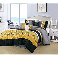 Chezmoi Collection Arden 7-Piece Modern Pleated Stripe Embroidered Zigzag Bedding Comforter Set (Full, Turmeric/Black/Silver Gray/White)