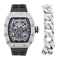 CHARLES RAYMOND Men's Luxury Iced Out Crystals Diamond Watch with Unique Tonneau Shape, Comfortable Silicone Band, Show Your Style Design