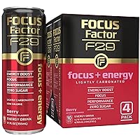 Focus Factor F29 Nootropic Focus + Energy Drink (Berry Flavor) – Pack of 4 – Lightly Carbonated – Nootropic Beverage, 10 Calories per Serving – Sugar Free Energy Drinks - Nootropic Beverage, Red
