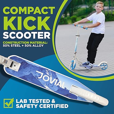 Jovial 2-Wheel Folding Kick Scooter - Compact Foldable Riding Scooter for Teens w/Adjustable Height, Alloy Anti-Slip Deck, 7” Wheels, Mud Guard Front Wheel