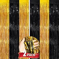 Black Gold Metallic Tinsel Foil Fringe Curtains, 2 Pack 3.3x8.3 Feet Streamer Backdrop Curtains for Birthday Party Decorations, Halloween Decor, Foil Curtain Backdrop for Bachelorette Party