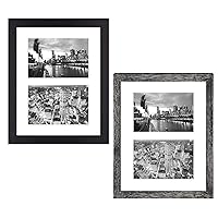 Set of 2, 8x10 Black Photo Wood Collage Frame with Real Glass and White Mat displays (2) 4x6 Pictures