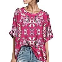 XJYIOEWT Womens Tops and Blouses XXL Digital Printing Fashion Lady Temperament Leisure Round 7 Minutes of Sleeve T Shir