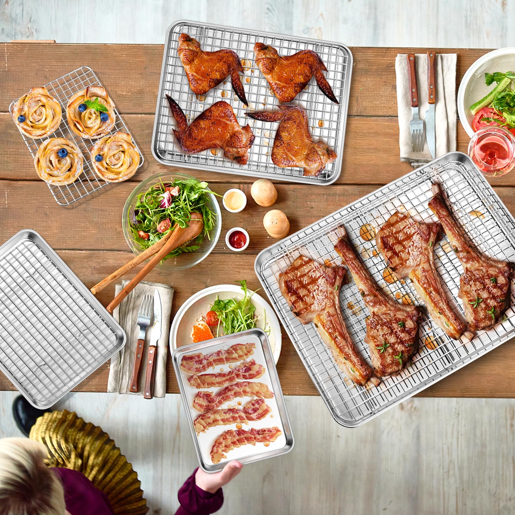 P&P CHEF Baking Sheet and Rack Set, 8 PACK (4 Sheets + 4 Racks), 4 Sizes Stainless Steel Cookie Sheets Baking Pans with Cooling Racks for Cooking & Roasting, Oven & Dishwasher Safe, Healthy & Durable