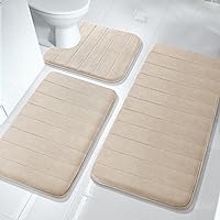 Yimobra 3 Pieces Memory Foam Bath Mat Sets, 44.1x24 + 31.5x19.8 and U-Shaped for Bathroom Rugs, Toilet Mats, Non-Slip, Soft Comfortable, Water Absorption, Machine Washable, Beige