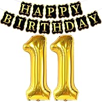 Large, Gold 11 Balloons Number - 40 Inch | Happy Birthday Banner Black - 10 Feet | Gold Foil Print Happy Birthday Sign | Number 11 Balloons for Birthdays | Black and Gold Happy Birthday Decorations