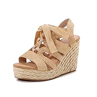 Women's Wedge Sandals Waterproof Platform, Ankle Strap Wedge Sandals Open Toe Casual Summer Straw Woven Classic Wedge Sandals