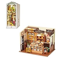 ROBOTIME Miniature House Kit Tiny Store Making Kit(Becka's Baking House) & DIY Book Nook Kit Decorative Bookend(Sunshine Town)