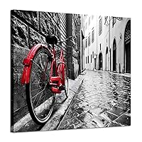 ARTISTIC PATH Cityscape Artwork Wall Decor: Bicycle Photographic Prints- Retro Vintage Red Bike in Black and White on Wrapped Canvas for Home Decoration (24