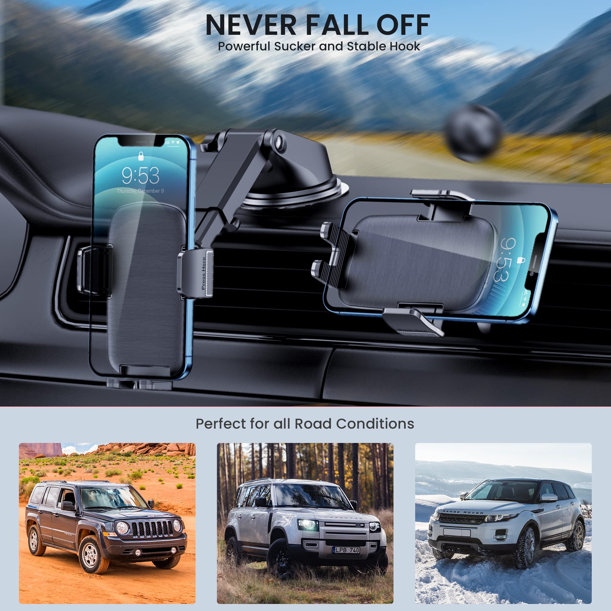 Phone Mount for Car Phone Holder [Military-Grade Suction & Stable Clip]Car Phone Holder Mount Windshield Dashboard Air Vent Universal Cell Phone Automobile Mount Fit For All iPhone Android Smartphones