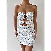 Women Dresses Floral Print Ring Linked Cut Out Bodycon Tube Dress (Color : White, Size : Large)