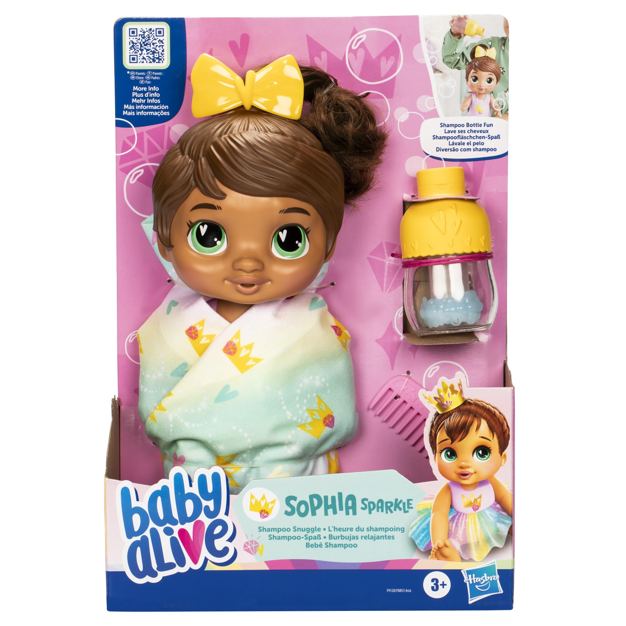 Baby Alive Shampoo Snuggle Sophia Sparkle Brown Hair 11 Inch Water Baby Doll Playset, Toys for 3 Year Old Girls & Boys & Up