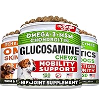 Fish Oil Omega 3 Treats + Glucosamine Treats + Dog Probiotics Treats for Picky Eaters Bundle - Skin & Coat Supplement + Hip & Joint Care + Digestion & Immunity Support