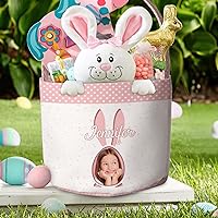 Macorner Personalized Easter Basket, Customizing Kid's Name with Easter Bunny, Egg Hunt Bunny Baskets for Kids with Cute Storage Gifts Candies