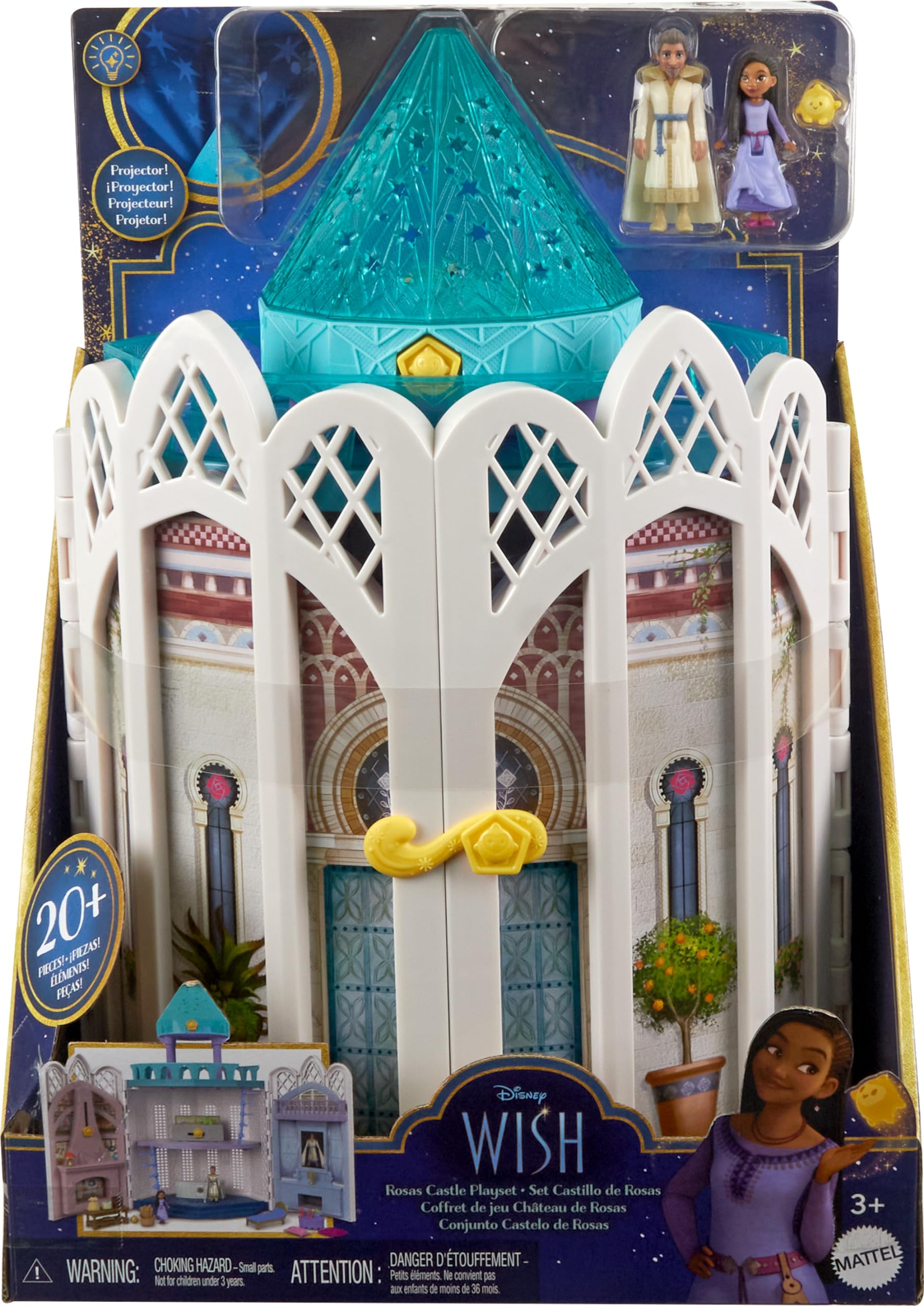 Mattel Disney's Wish Rosas Castle Dollhouse Playset with 2 Posable Mini Dolls, Star Figure, 20 Accessories, Light-Up Projection Dome & More